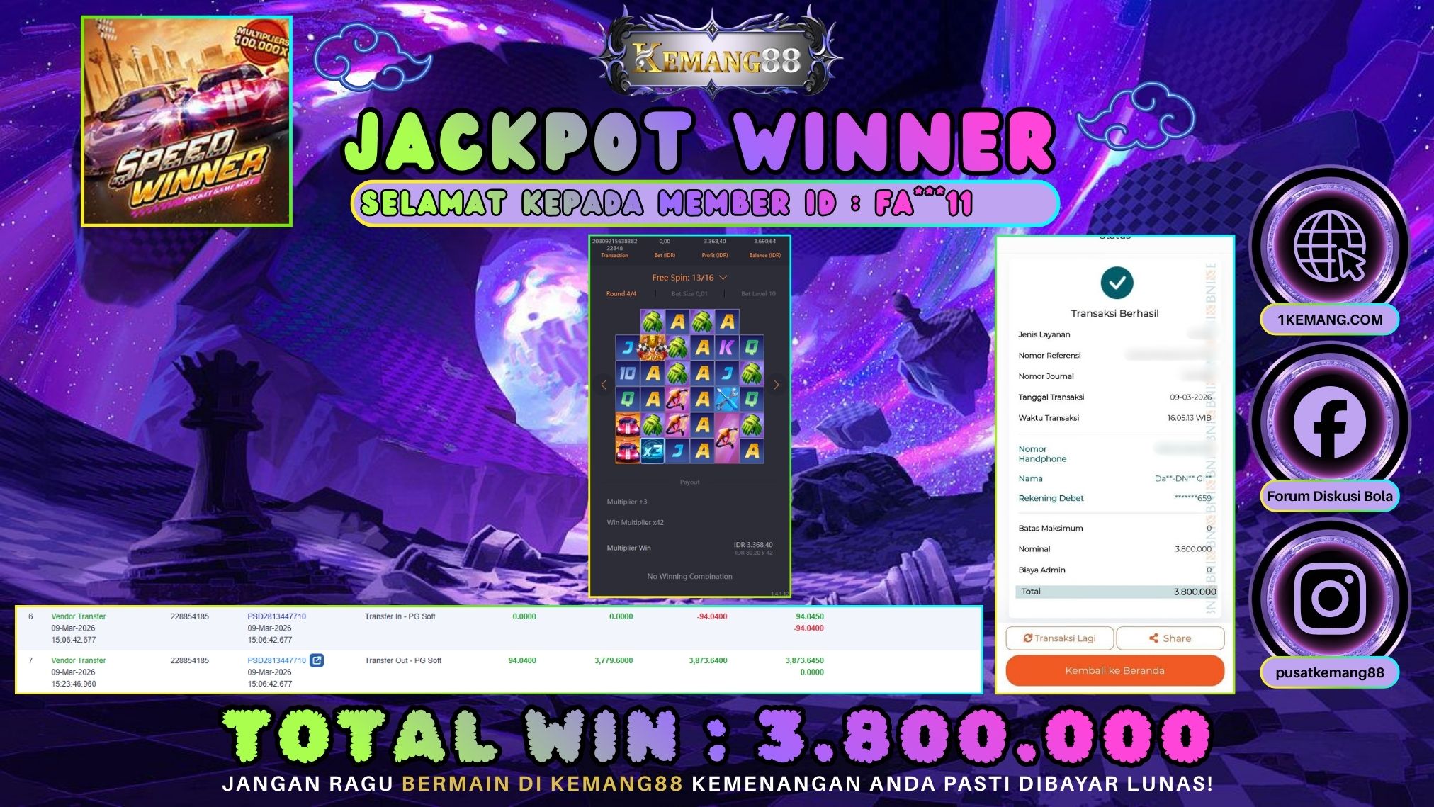 KEMANG88 [09 Maret 2026] : JACKPOT SLOT : SPEED WINNER [PG] Rp. 3.800.000.,- LUNAS